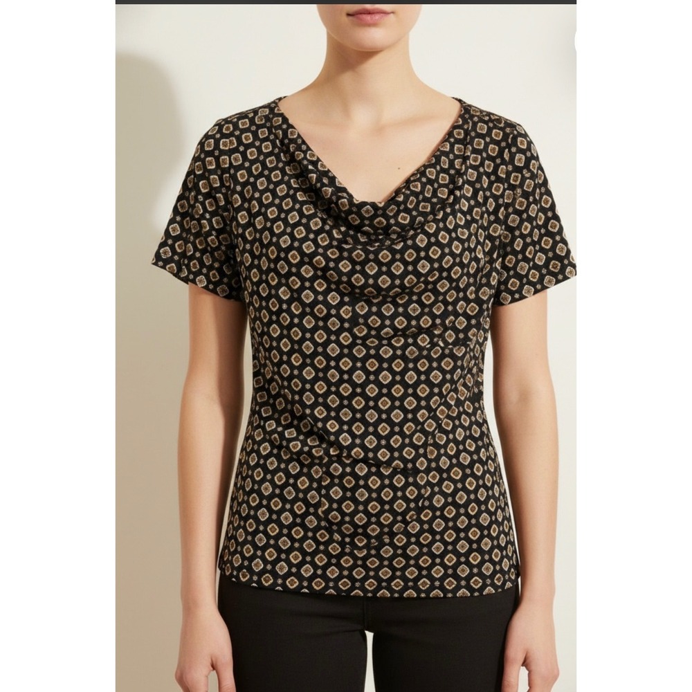 Michael Michael Kors Cowl Neck Top Womens‎ Small Black Gold Tile Print Excellent